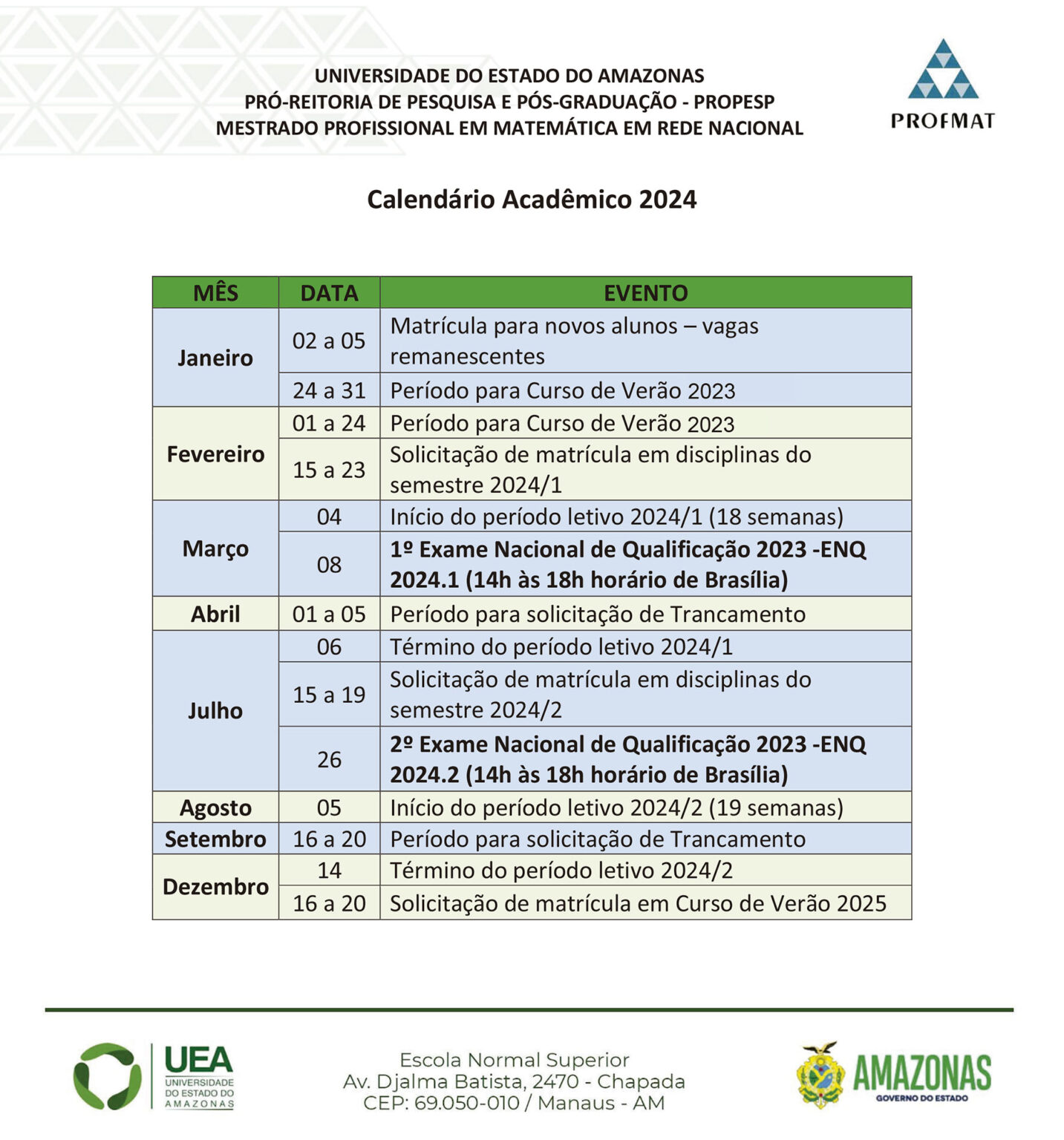 Calendário Acadêmico 2024 PROFMAT UEA